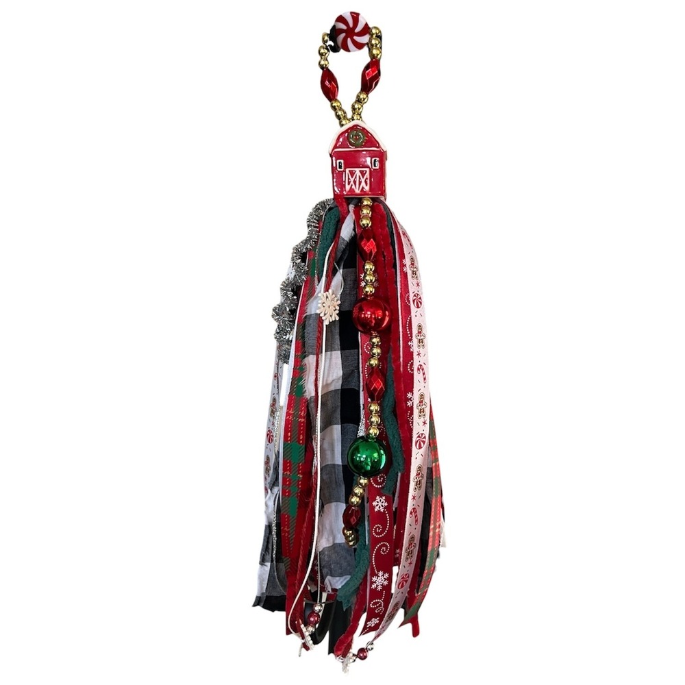 Handmade Christmas Red Barn Salt Shaker Tassel 15in Red White Green Excellent